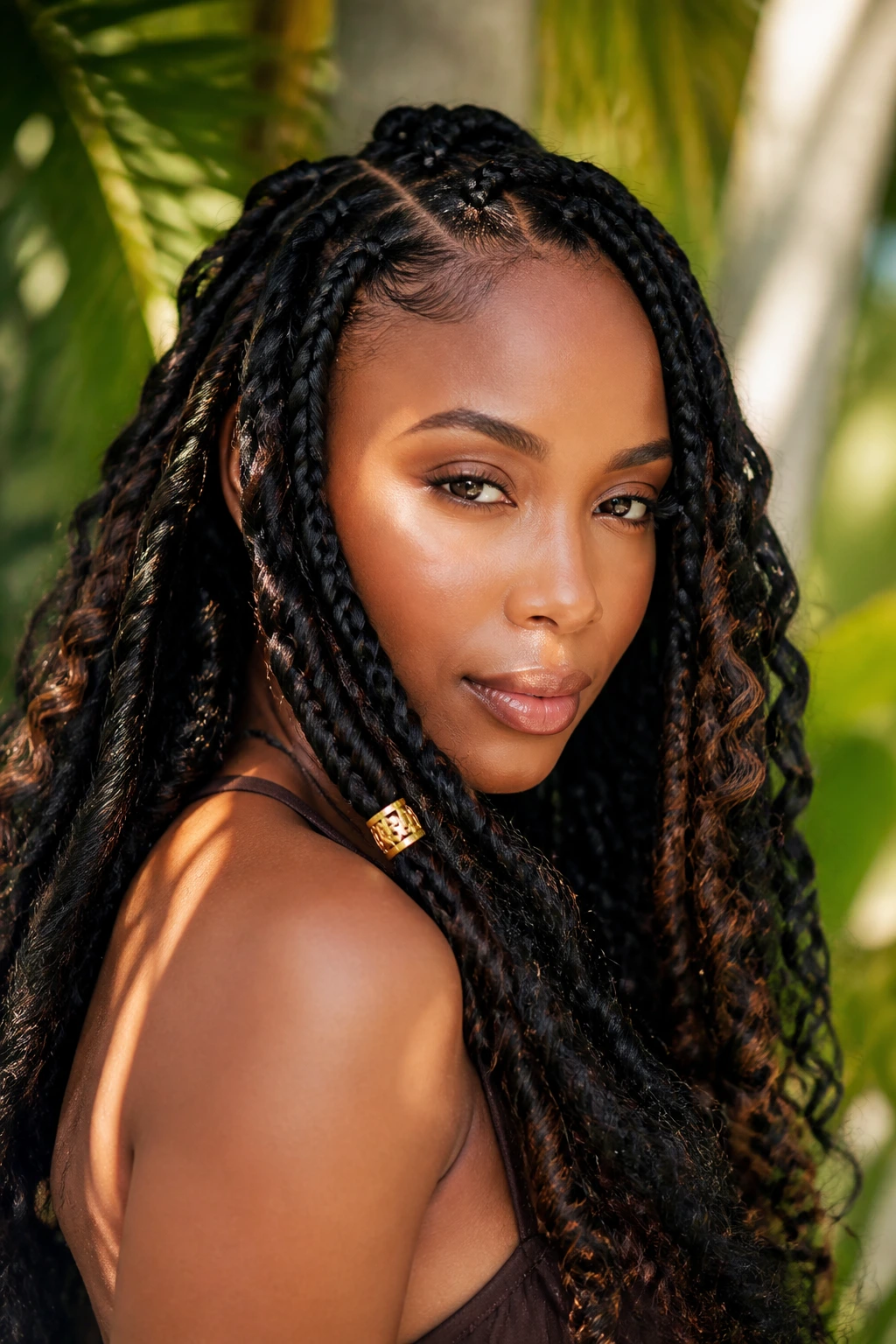 Close-up of a real woman with goddess braids showing varied sizes and a gold cuff in a tropical setting