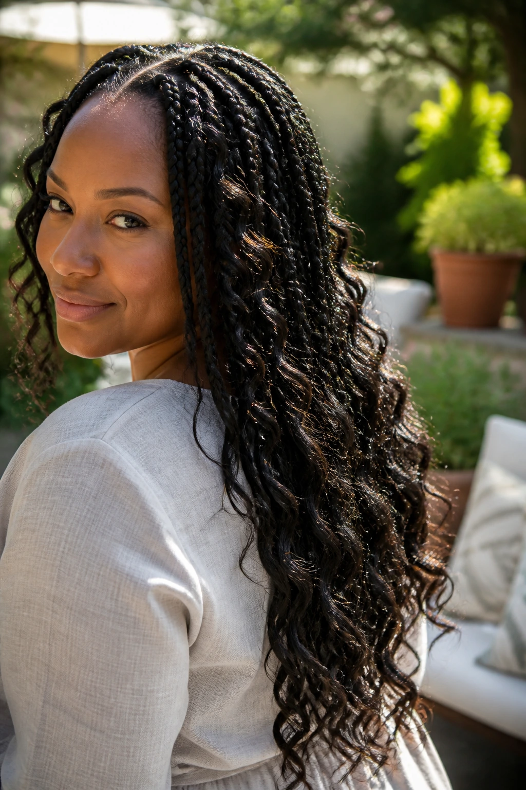 Close-up of goddess braids with wavy ends on a real woman.
