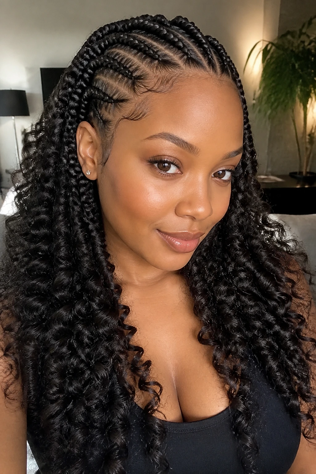 Close-up of real woman with goddess cornrows and curly ends