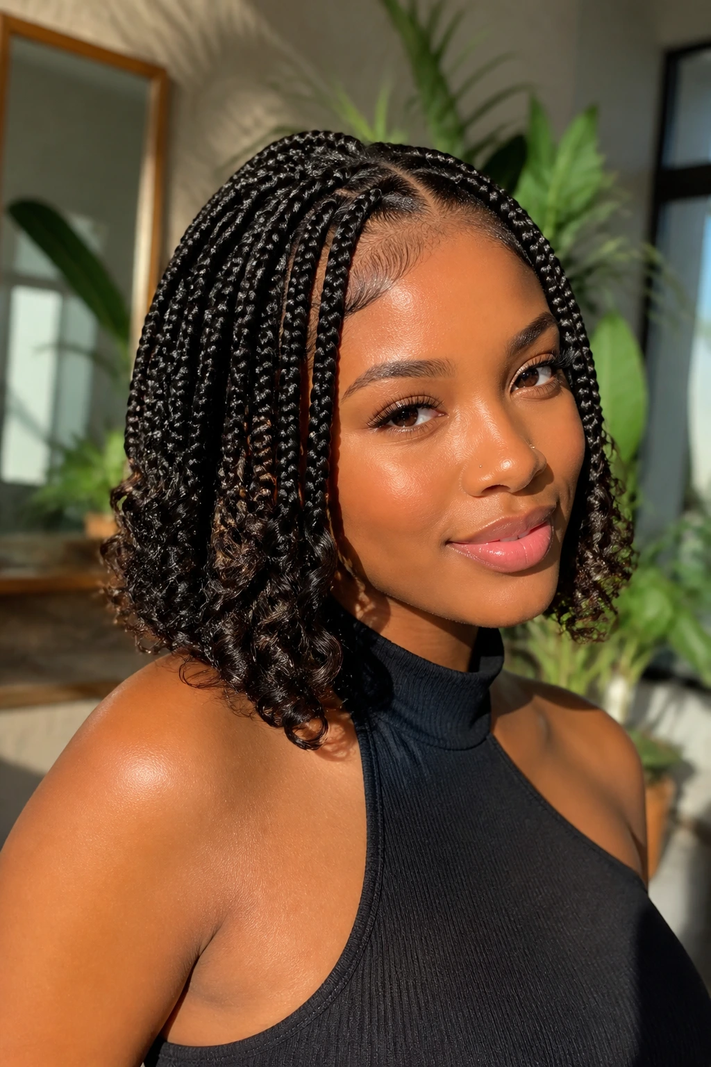 Portrait of a real person with goddess ends on a bob, soft curly ends for movement.