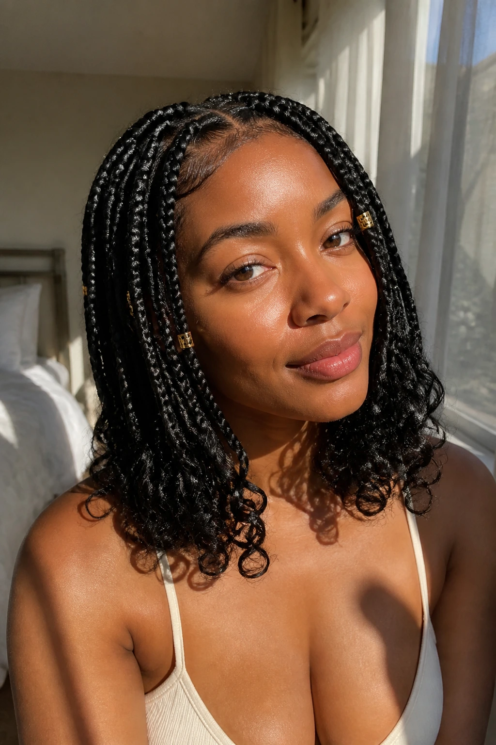 Close-up of real woman with shoulder-grazing goddess braids and loose curls
