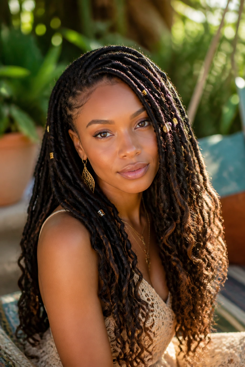 Close-up of a woman wearing long goddess locs in a sunlit garden setting.