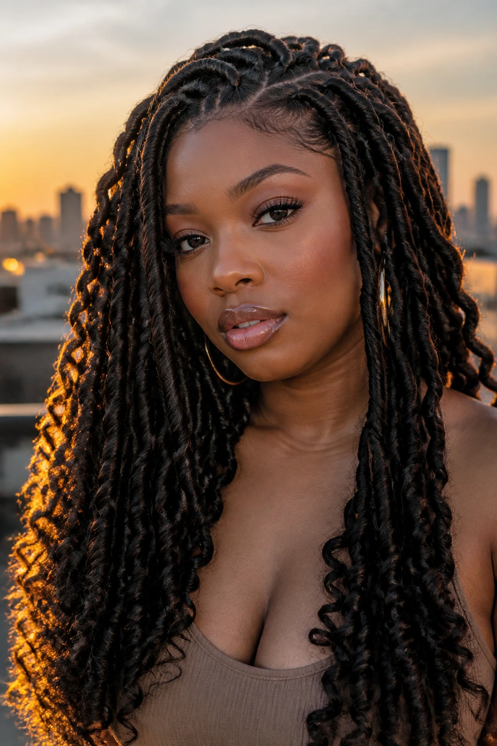 Close-up of a real woman with Goddess Locs with Curly Ends, bold curls at ends