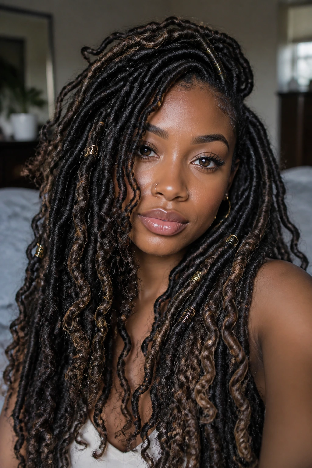 Close-up of Goddess Locs on a real woman with distressed ends in natural window light
