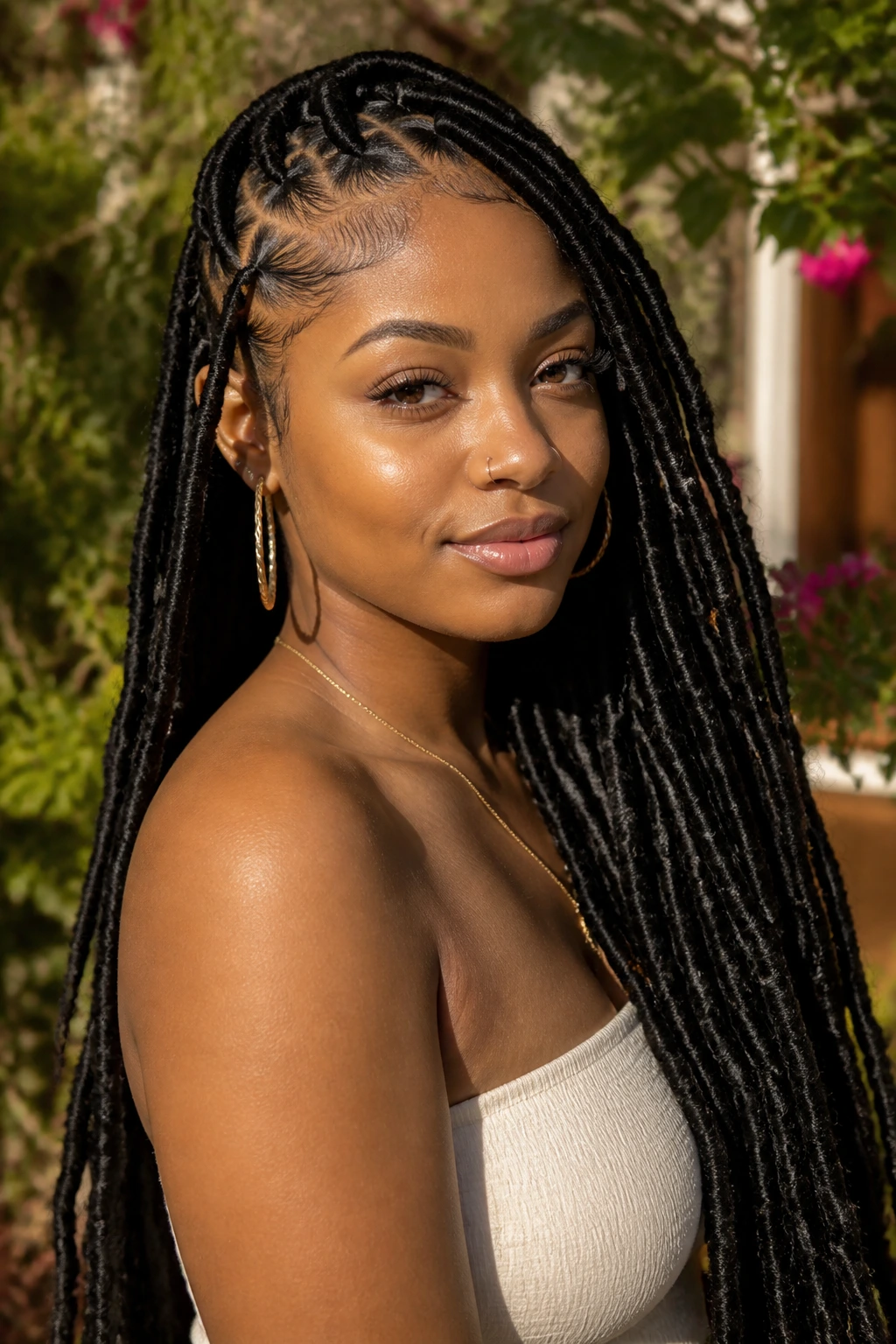 Close-up of a woman with long goddess or faux locs in natural light.