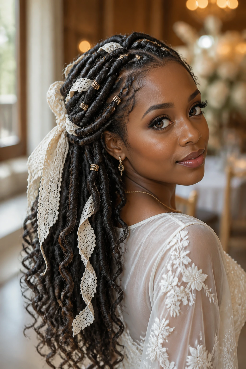 Close-up of goddess locs with lace ribbon on a real woman, wedding-ready lighting.