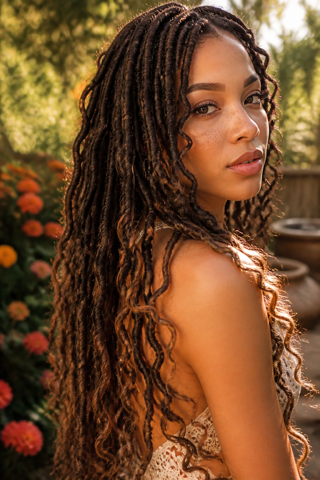 Close-up of a person with long goddess locs and loose ends
