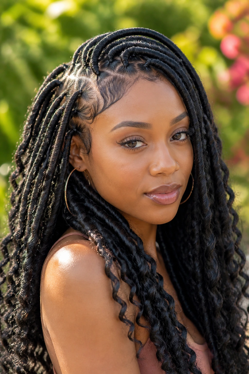 Real woman with goddess locs outdoors close-up