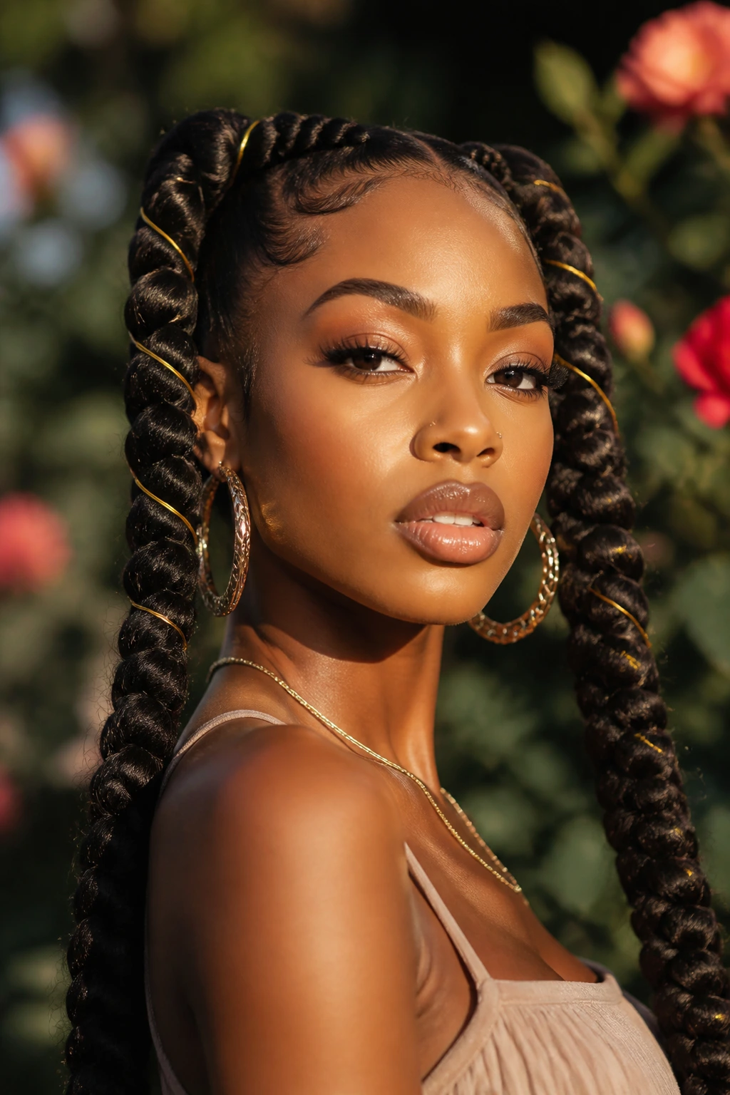 Close-up of goddess pigtails wrapped in gold wire on a real person