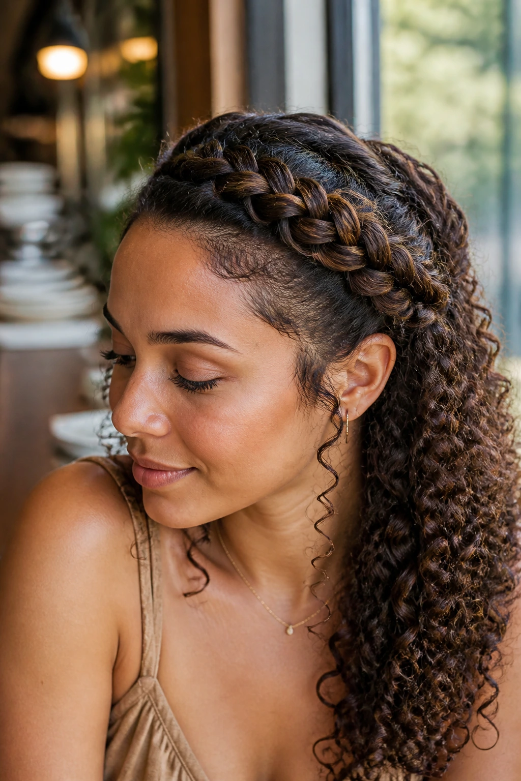 Close-up side-swept goddess plait on real woman