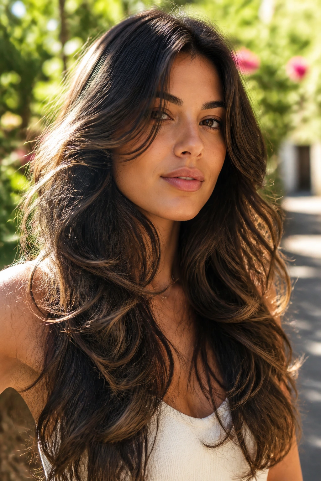 Close-up of a real woman with goddess waves long hair and graduated layers