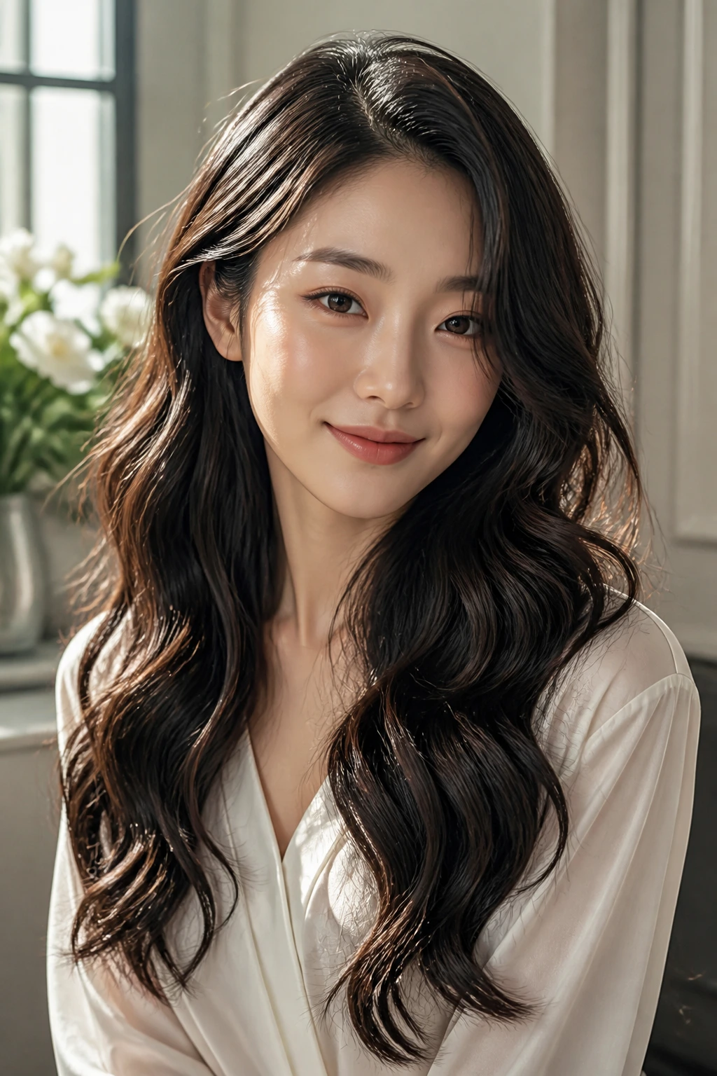 Real woman with Goddess Waves and an Off-Center Part.
