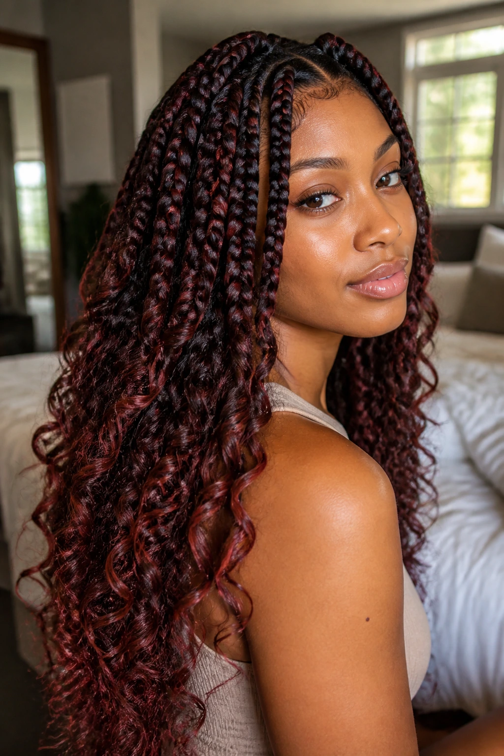 Close-up of a real woman's head with goddess braids and deep red highlights