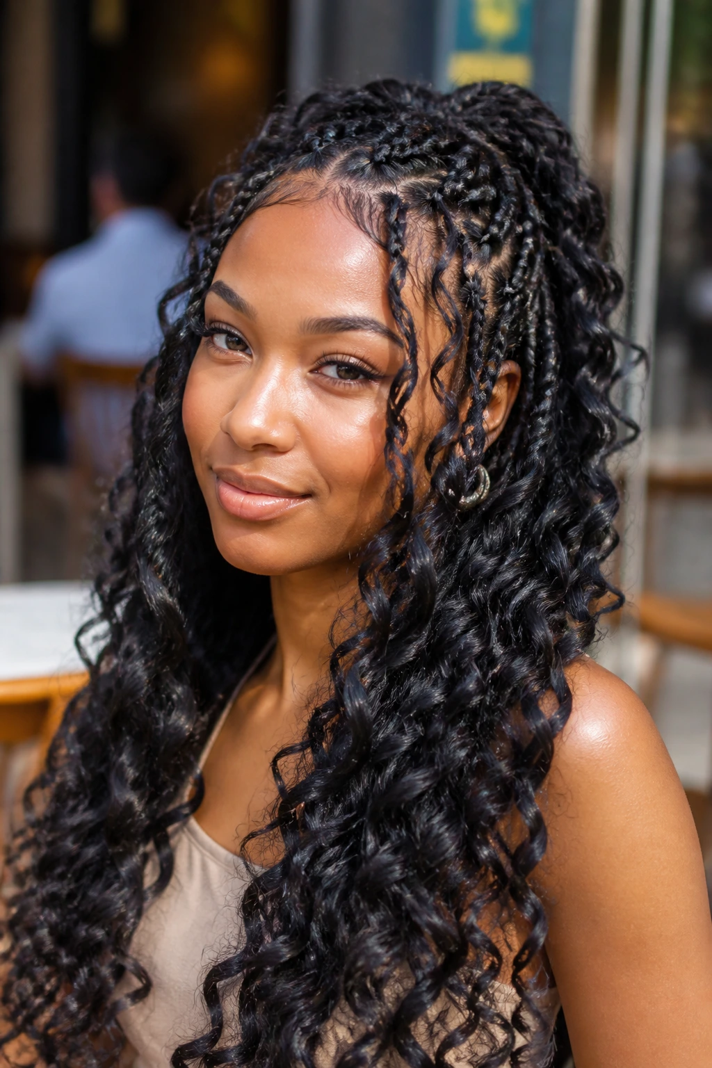 Close-up of goddess braids with extra volume curls on a real person