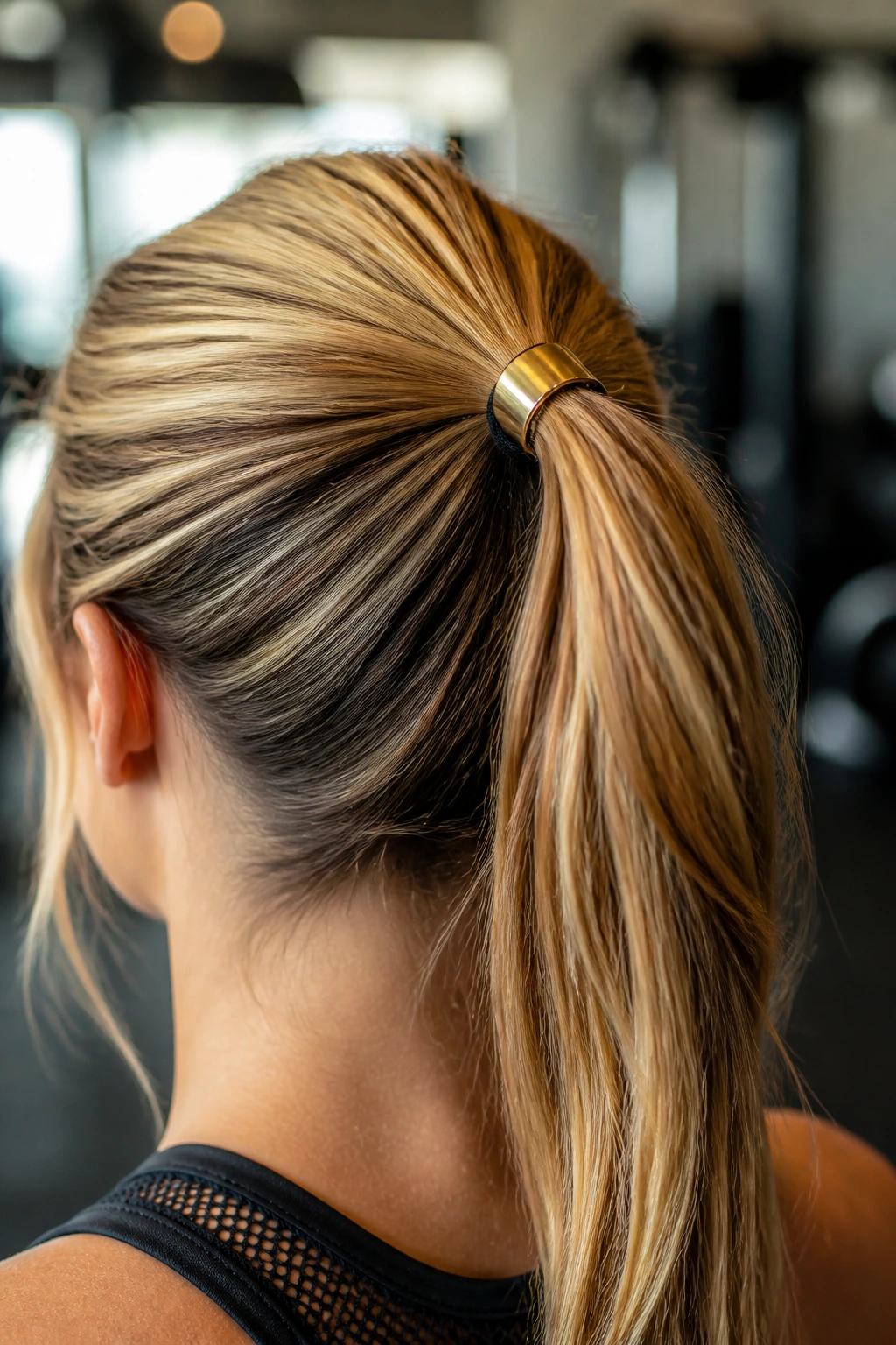 Gold bead elastic securing a ponytail on a real person
