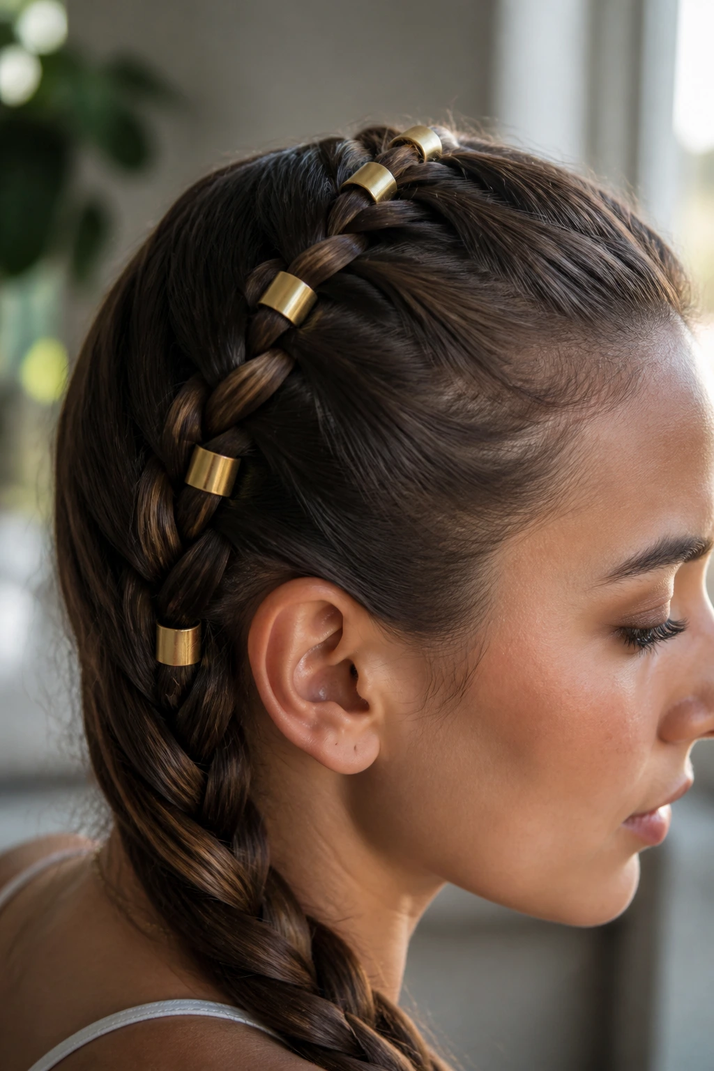 Close-up of Dutch braid with matte gold cuffs on straight hair