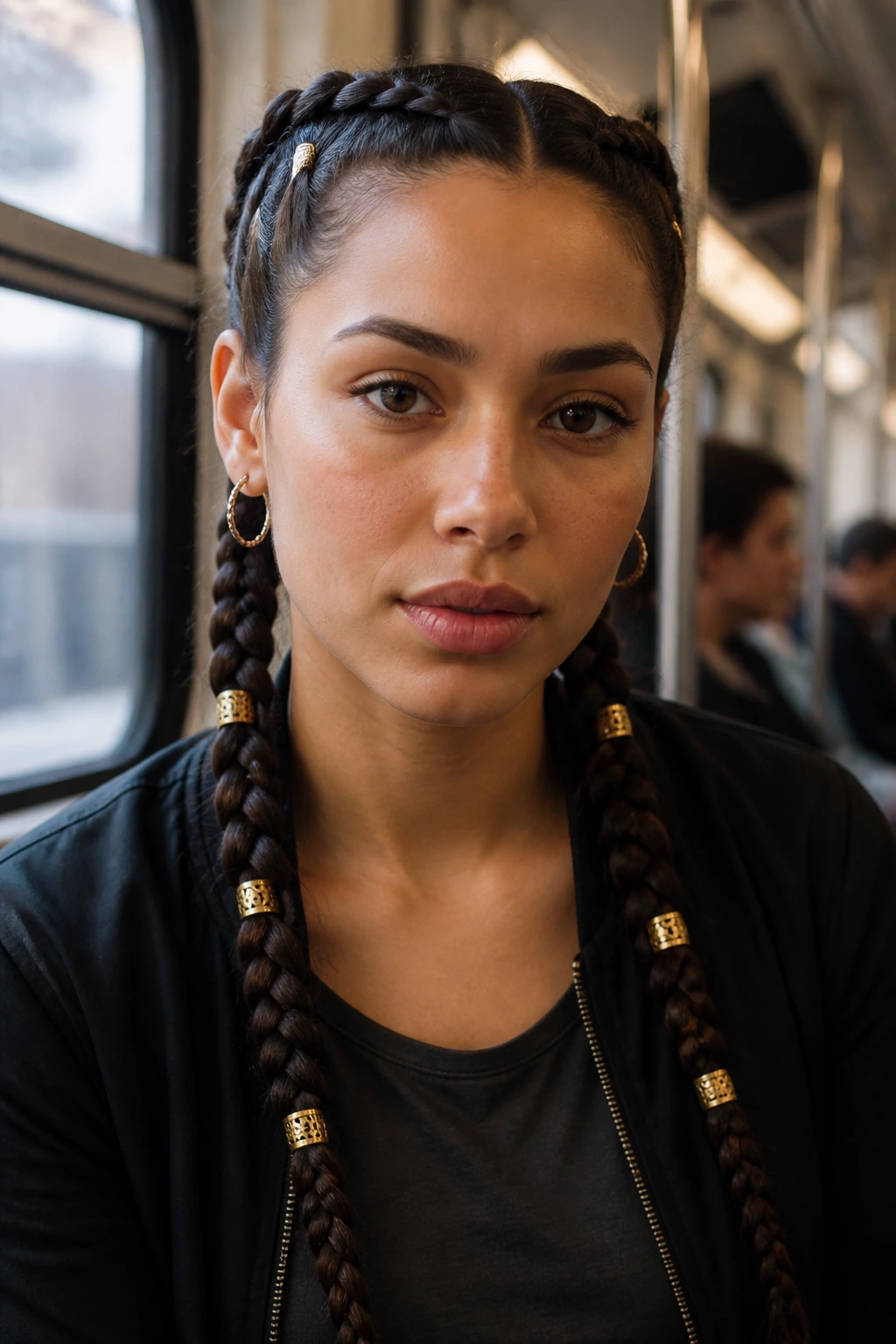 Close-up of real woman with a long braid adorned with gold cuffs
