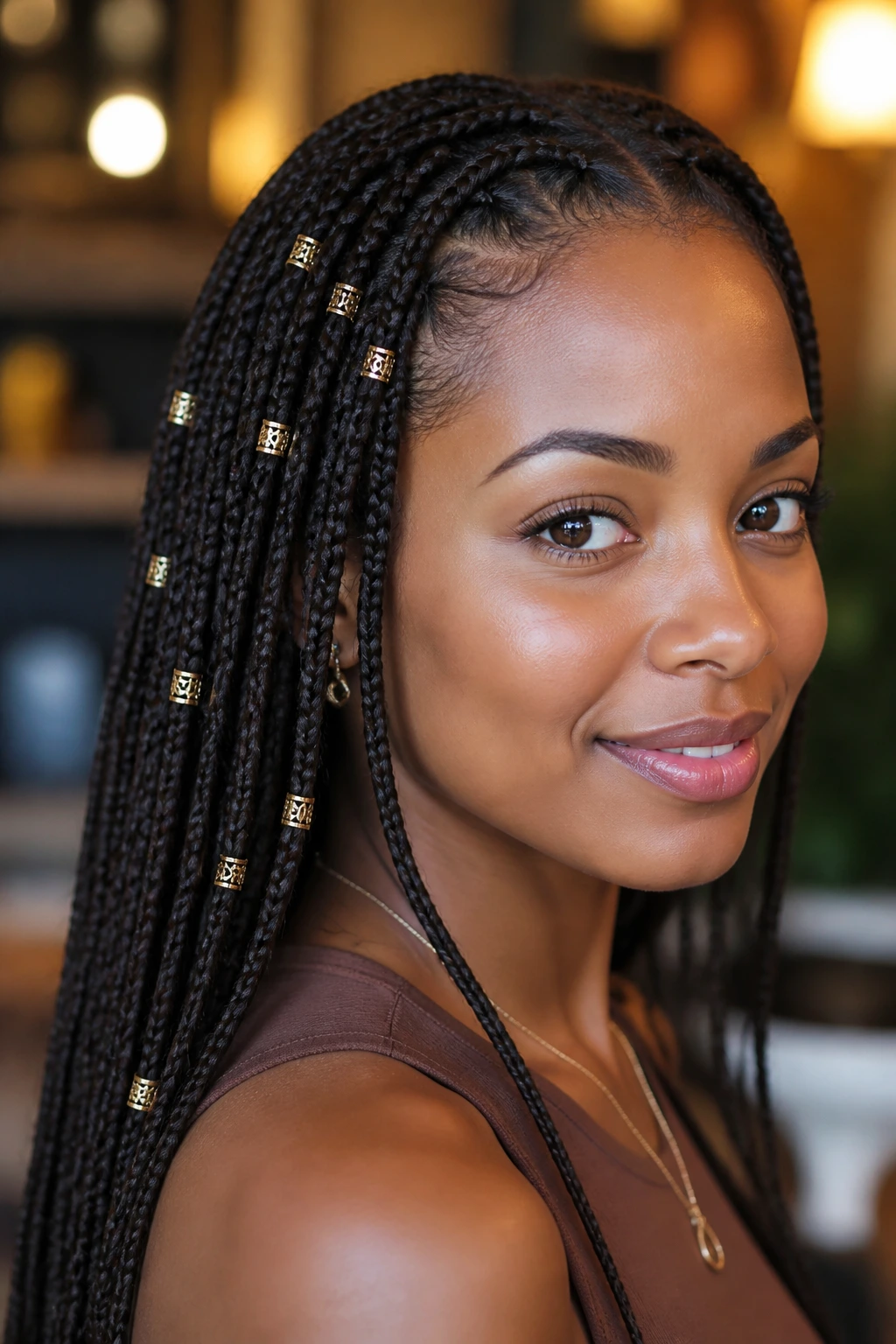 Close-up of real woman's micro-braids with gold cuff accents