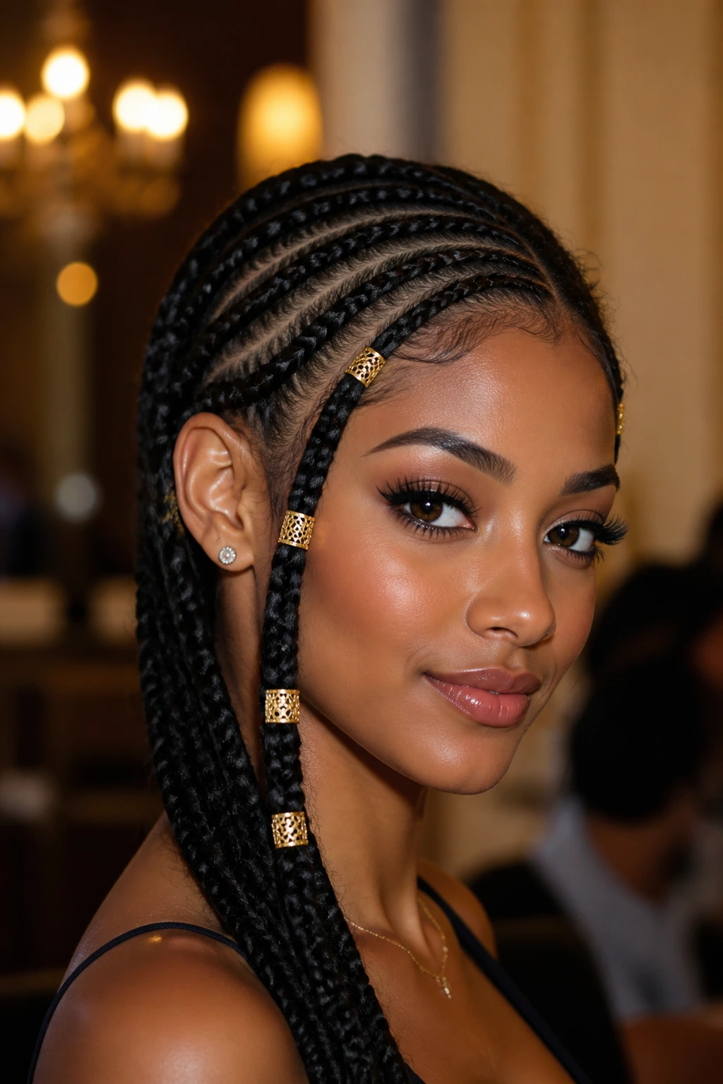 Real woman with lemonade braids adorned with gold cuffs near the front