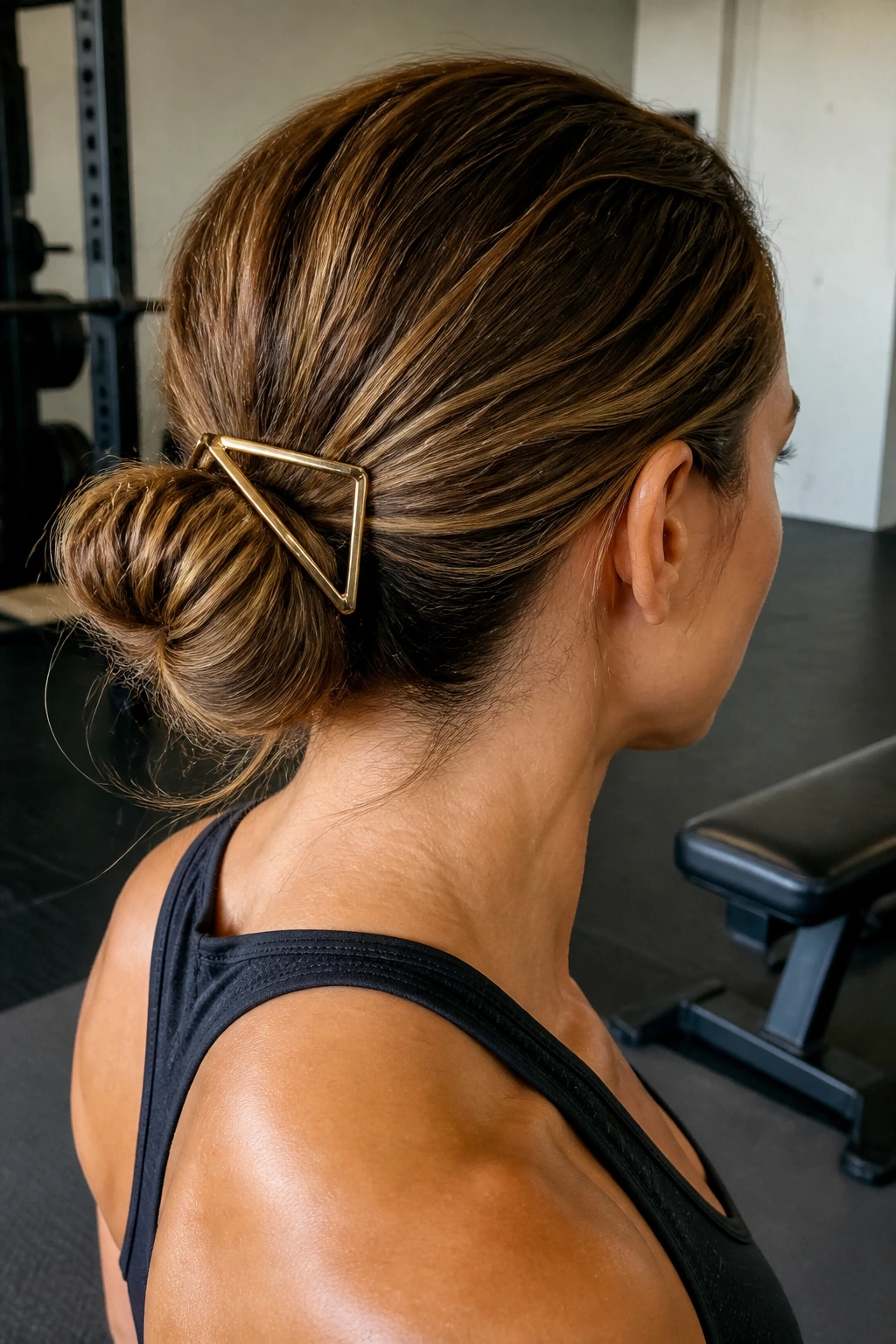 Close-up of a real person with a gold geometric hair slide securing a low bun
