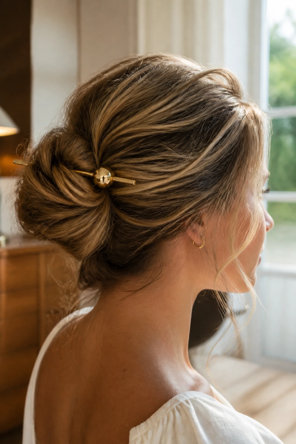 Close-up of a real woman wearing The Minimalist Gold Pin Chignon with a single gold pin through a loose bun in warm window light