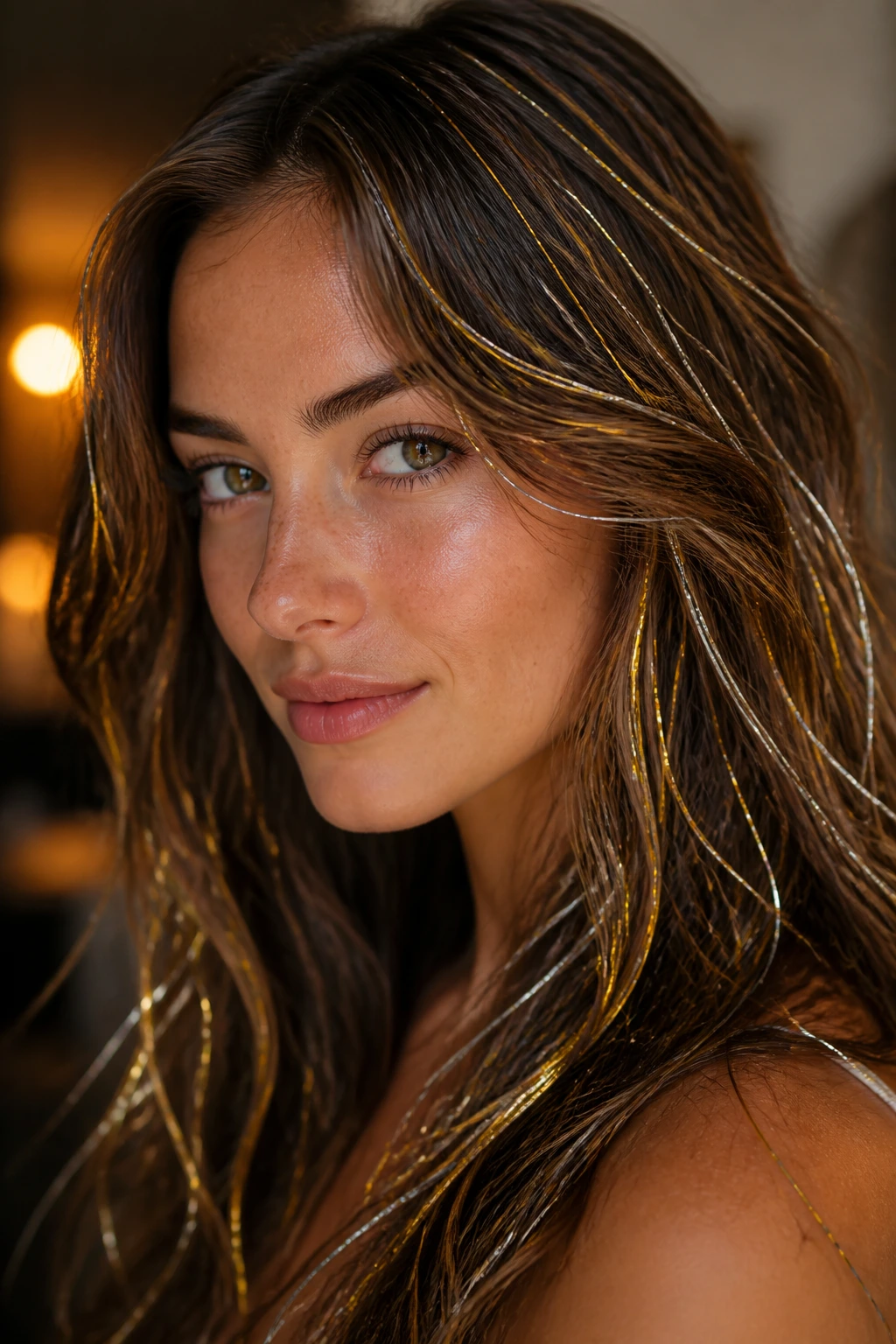 Close-up of hair with gold and silver tinsel for dimensional shine