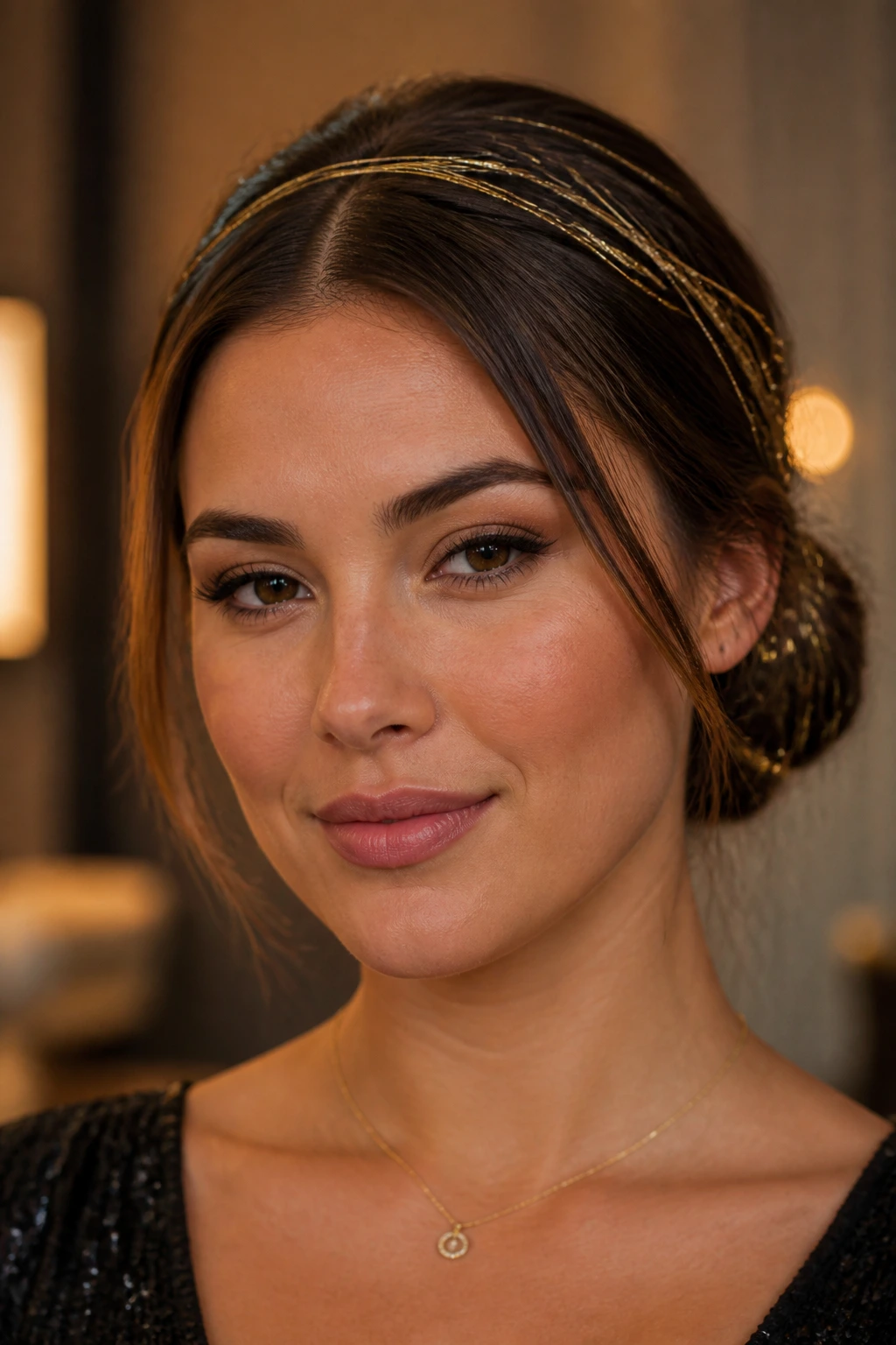 Close-up of a sleek low bun with gold tinsel woven around the crown.