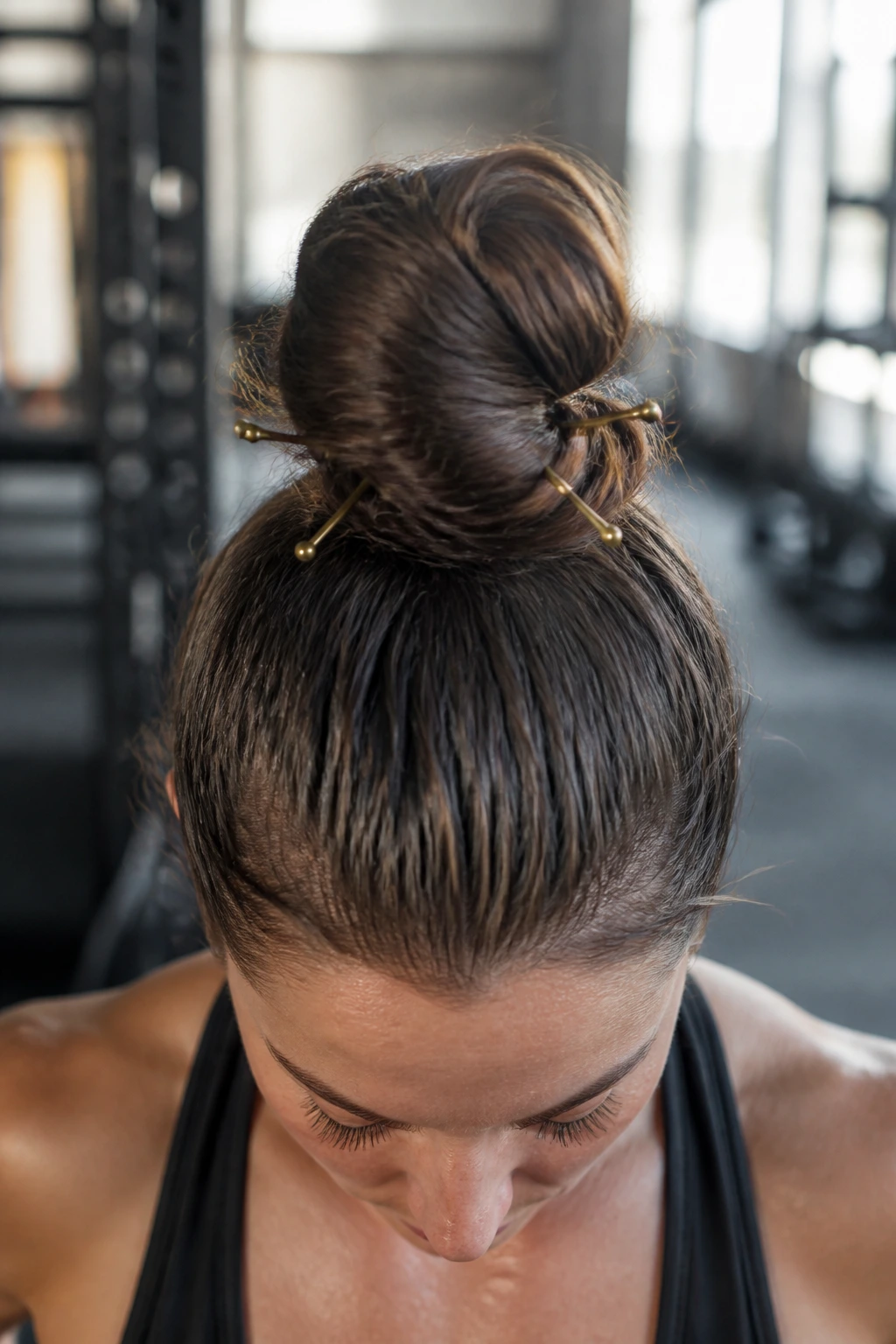 Gold-tipped U-pins securing a top knot on a real person