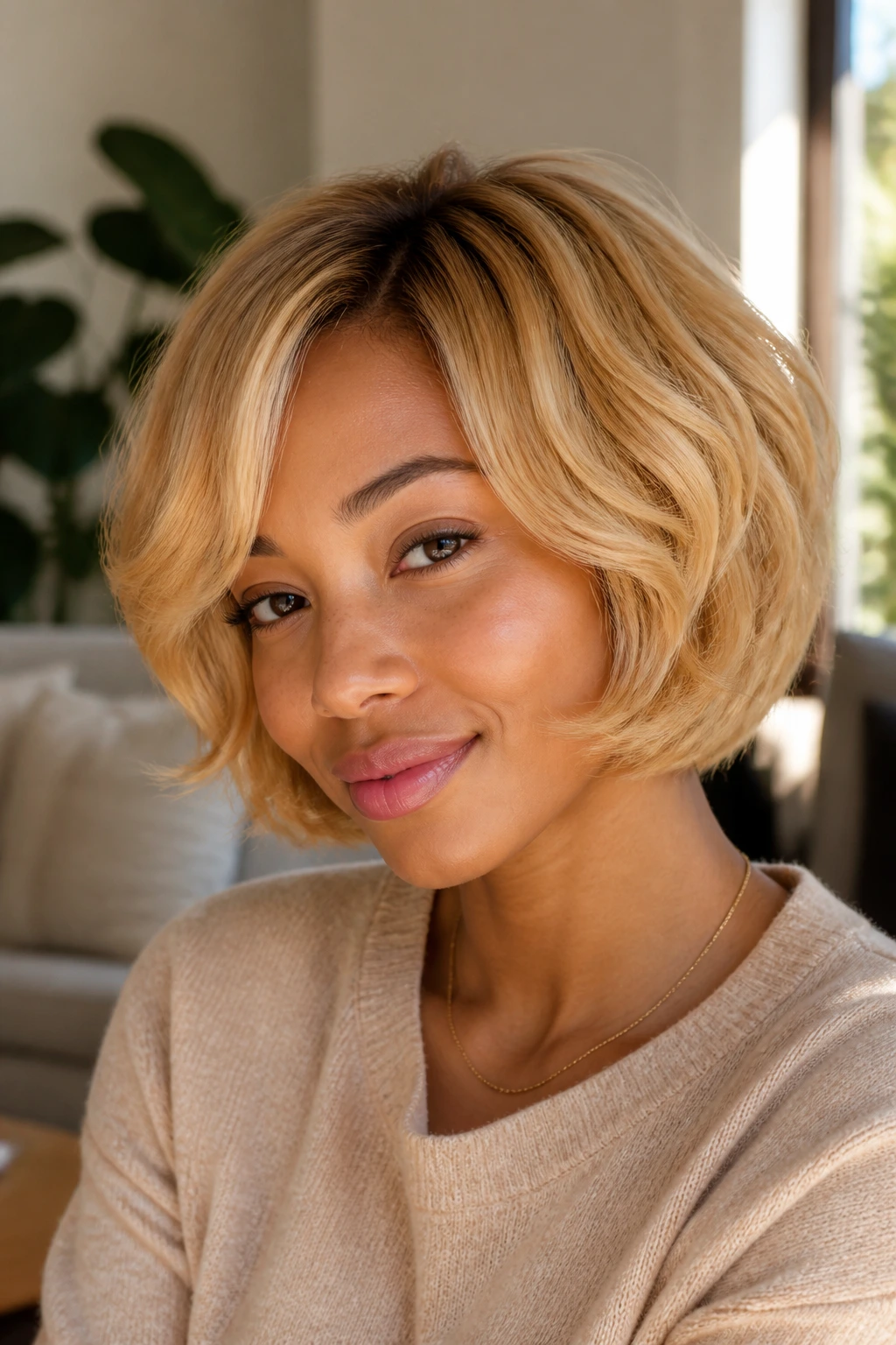 Real person with golden blonde layered bob in warm living room