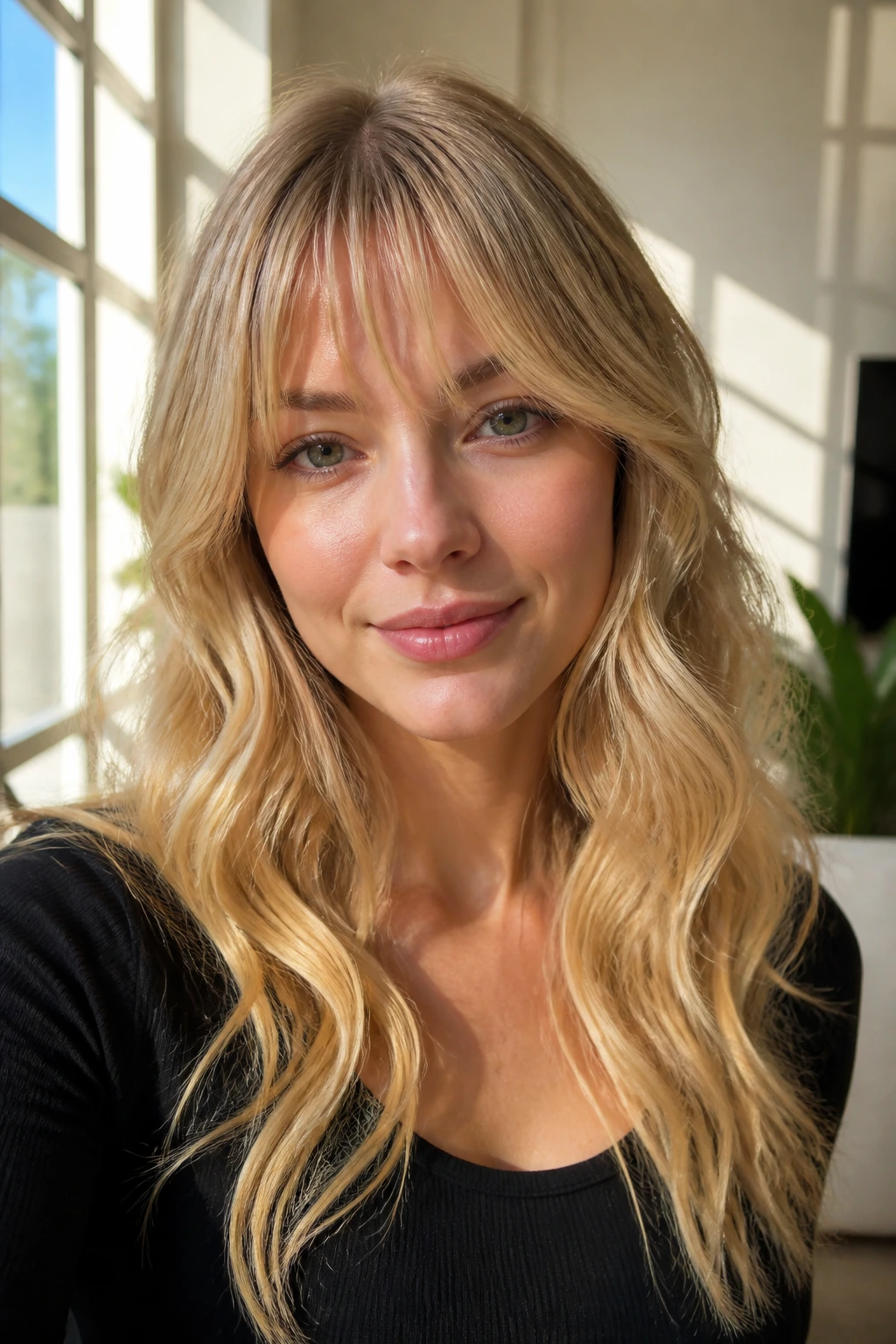 Real person with golden blonde waves and wispy fringe