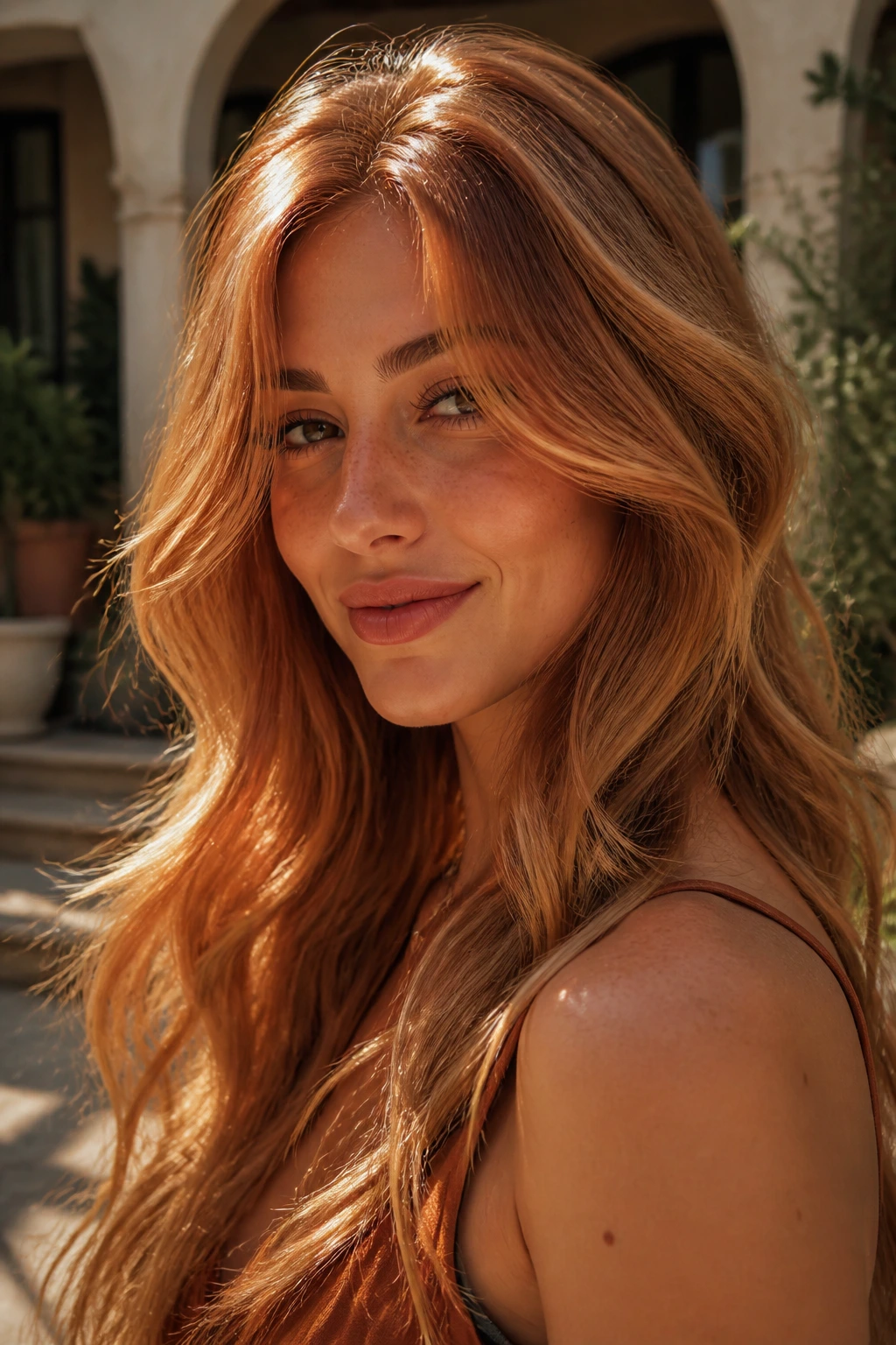 Portrait of a person with golden bronze hair glowing in sunlight.