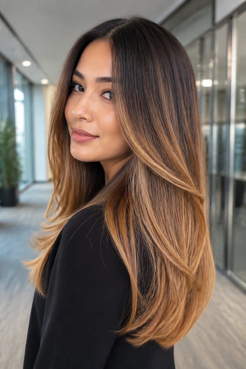 Portrait of a woman with golden caramel sombre on long smooth layers in office light