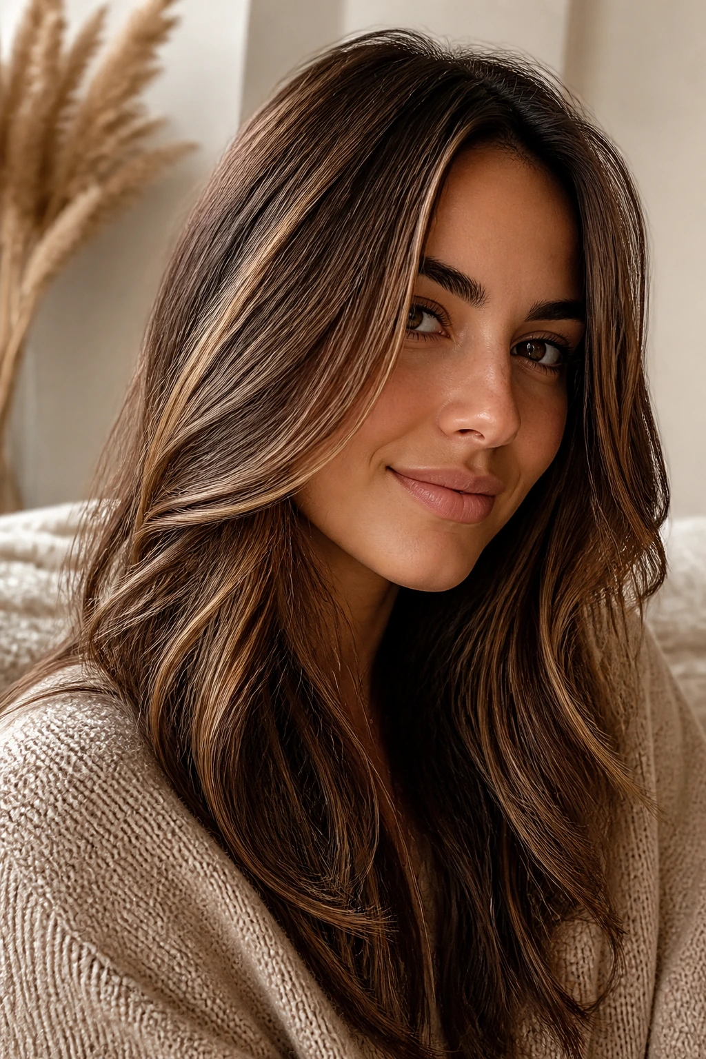 Close-up portrait of a real woman with Golden Chocolate Brown hair