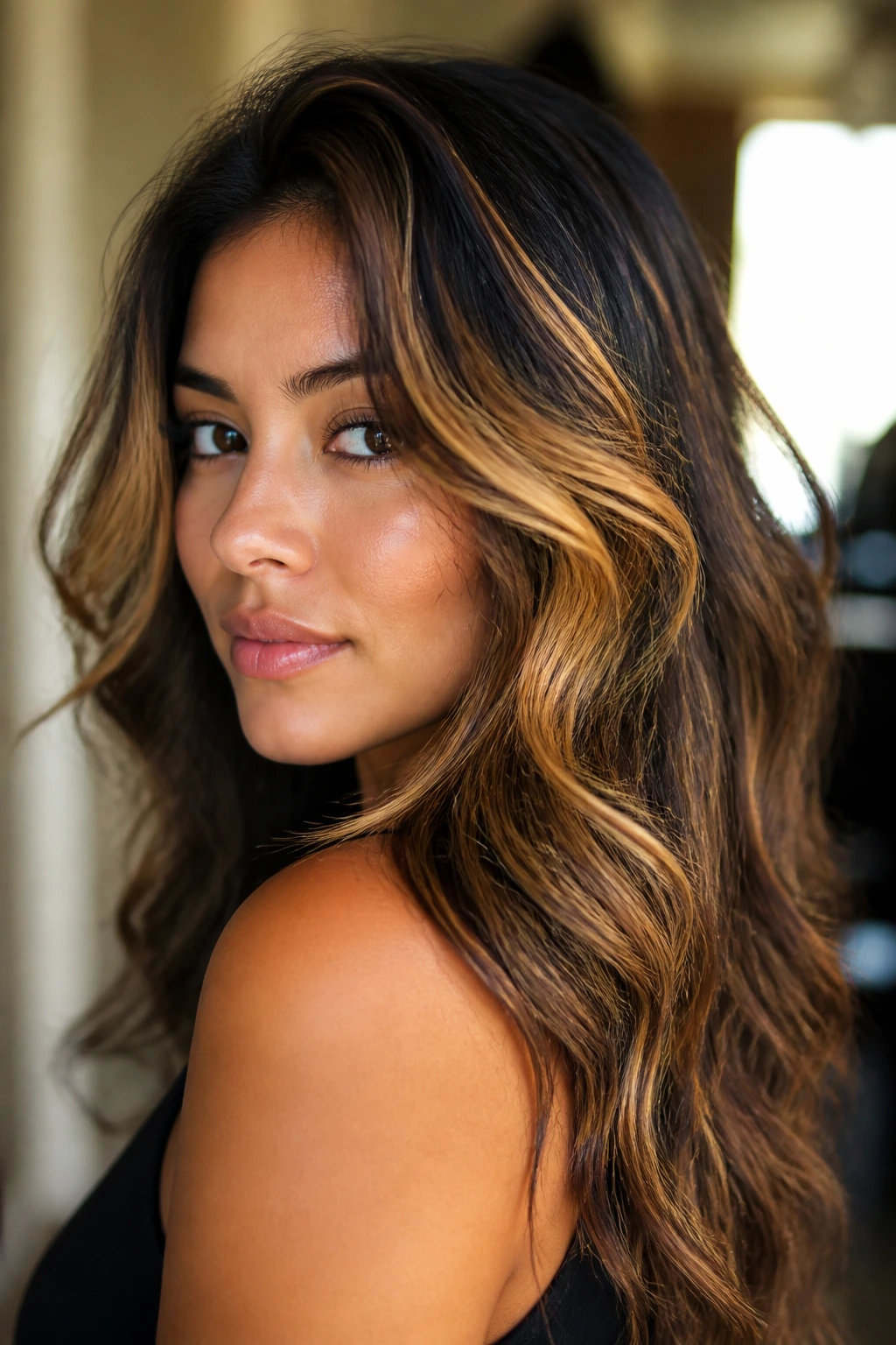 Close-up of Latina with warm golden honey highlights in dark hair