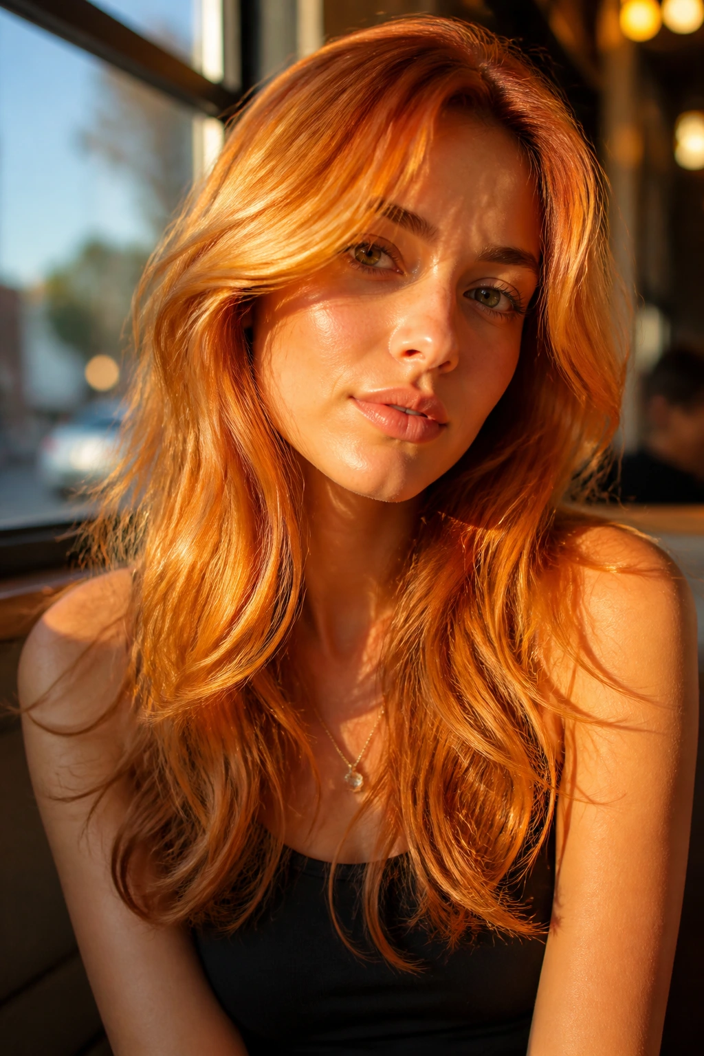 Close-up portrait of real woman with golden hour amber hair in cafe lighting