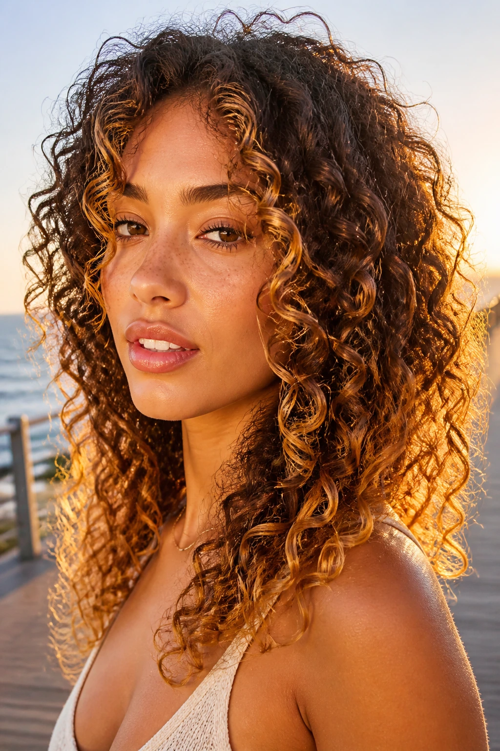 Close-up of real person with golden honey ombré streaks in curls at golden hour