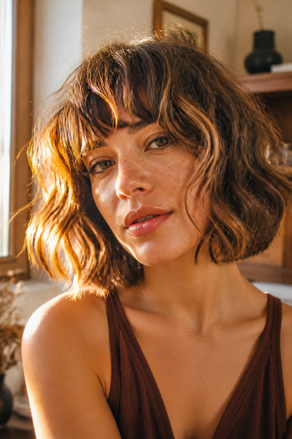 Close-up of shaggy bob bangs with golden hour Pintura highlights
