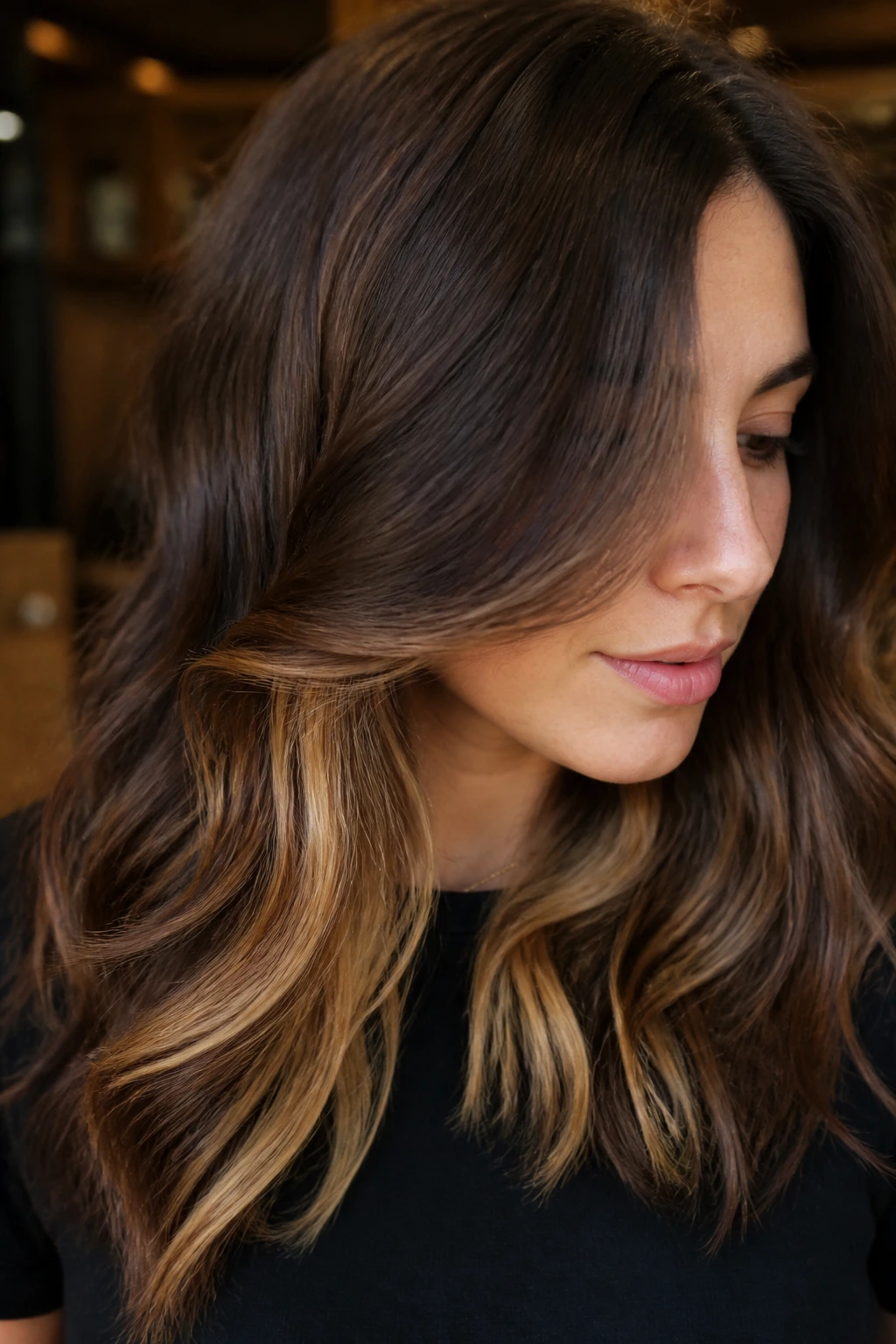 Brunette with golden underlights peeking through chocolate brown hair.