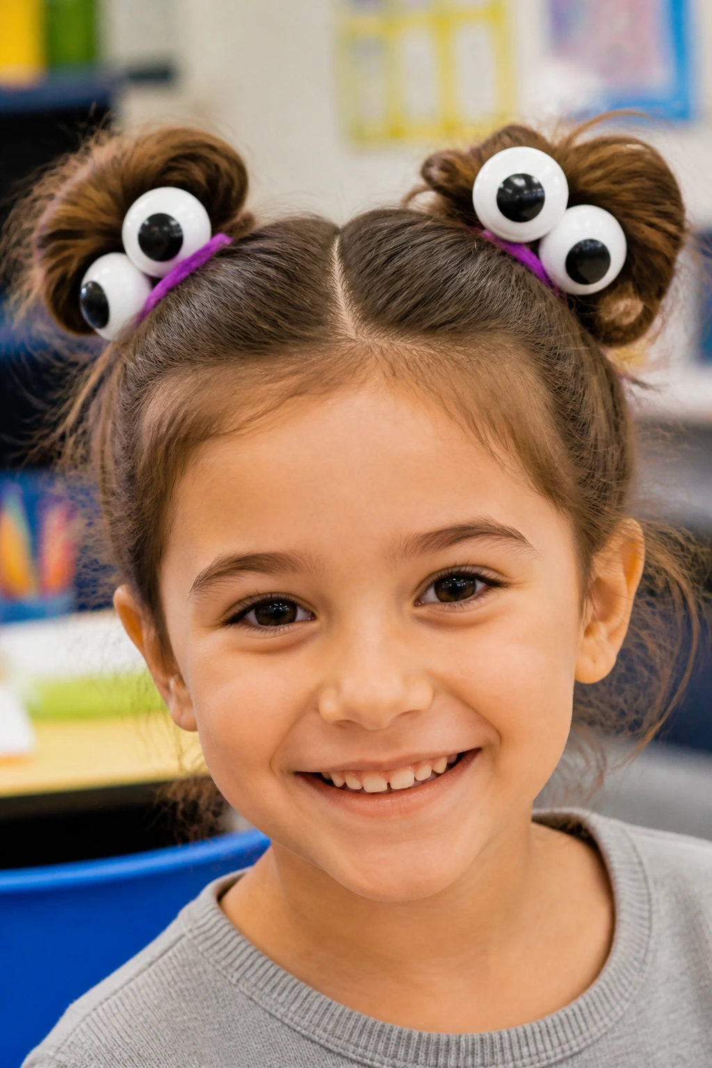 Close-up of a child with googly-eyed hair ties