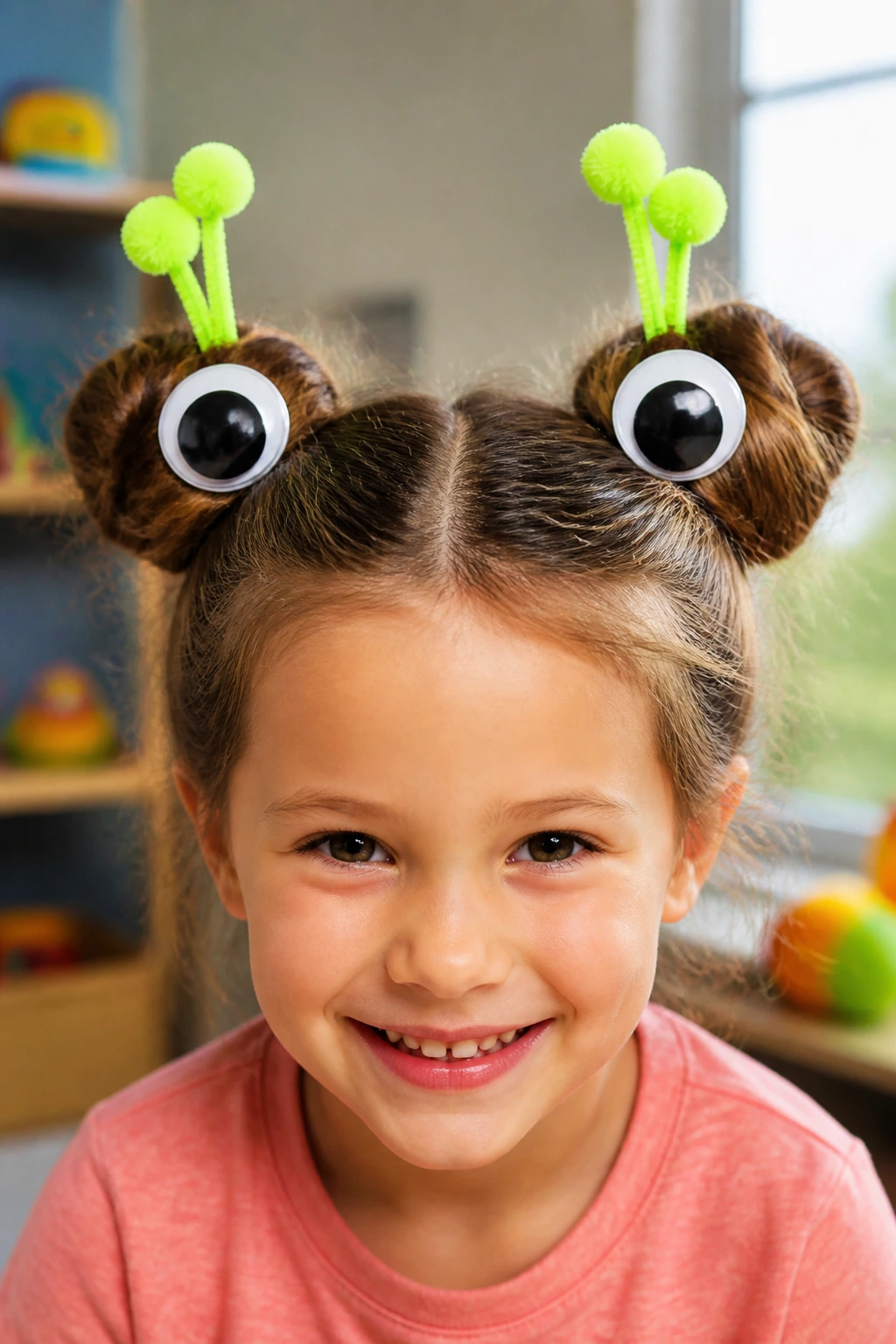 Child with googly eye monster buns hairstyle