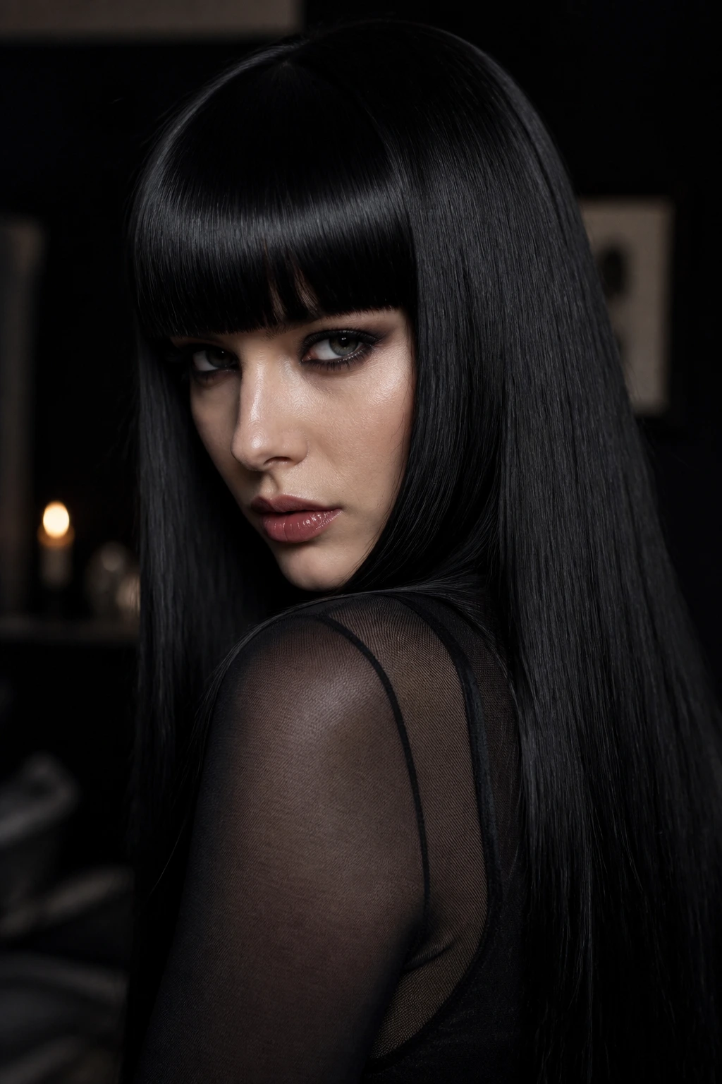 Real woman with goth blunt fringe and pin-straight lengths in moody indoor setting
