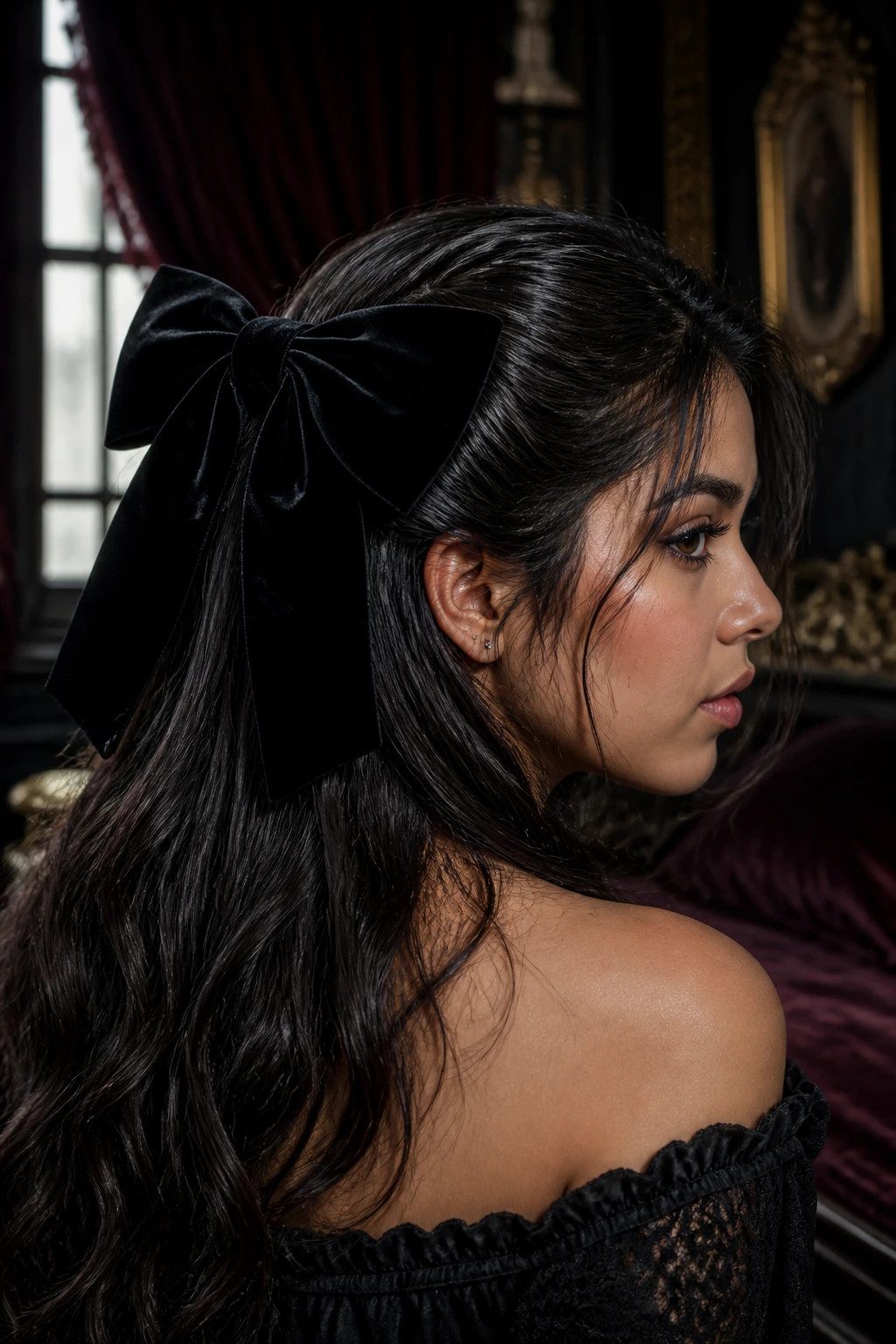 Portrait of Latina woman with half-up goth hairstyle and large black velvet bow