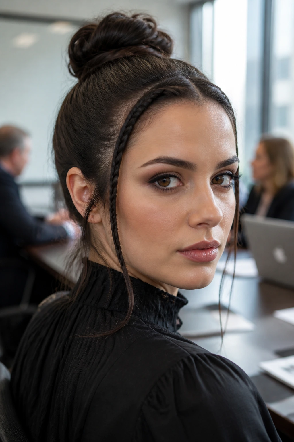 Close-up of a real woman wearing a Gothic Double Accent Braid Crown with two front braids and a high bun.