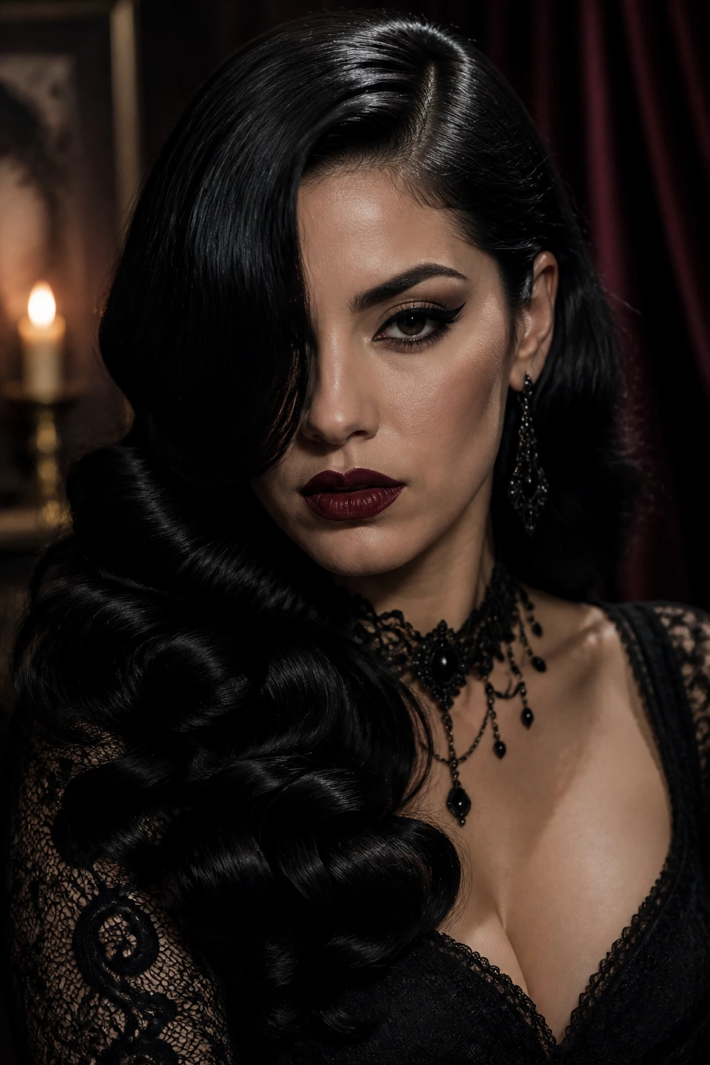 Close-up portrait with deep side part and glossy raven waves.