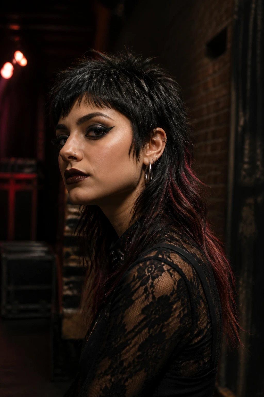 Portrait of a real person with a gothic-punk mullet in a moody backstage setting.