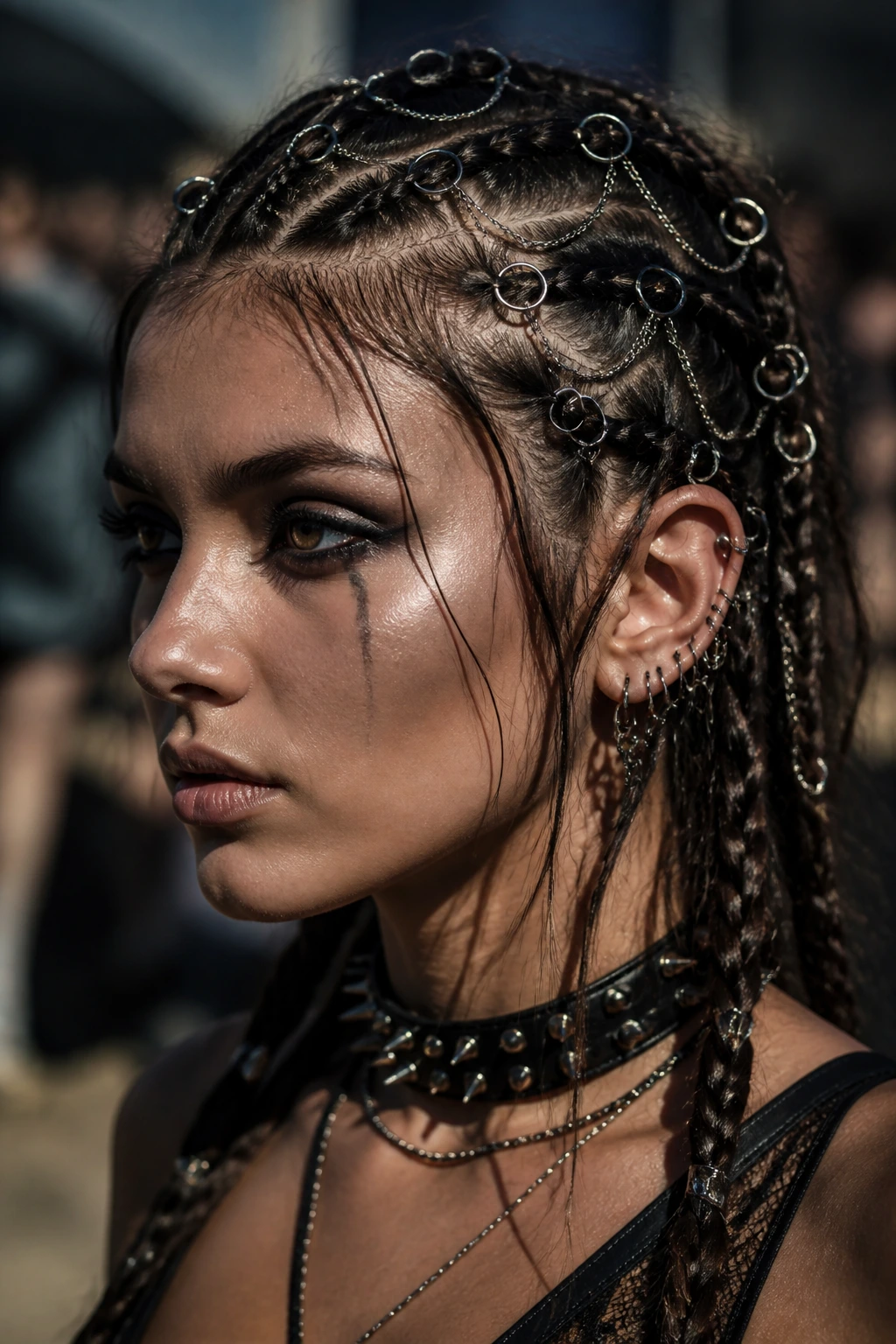 Close-up of a real person with gothic-inspired French braids with silver rings and chains