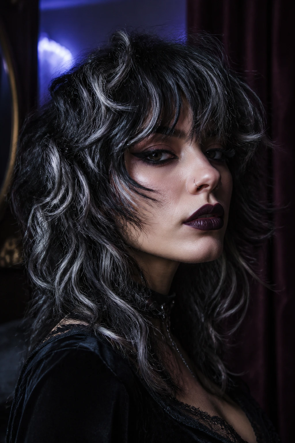 Close-up of a woman with a gothic shag and silver highlights in moody lighting.