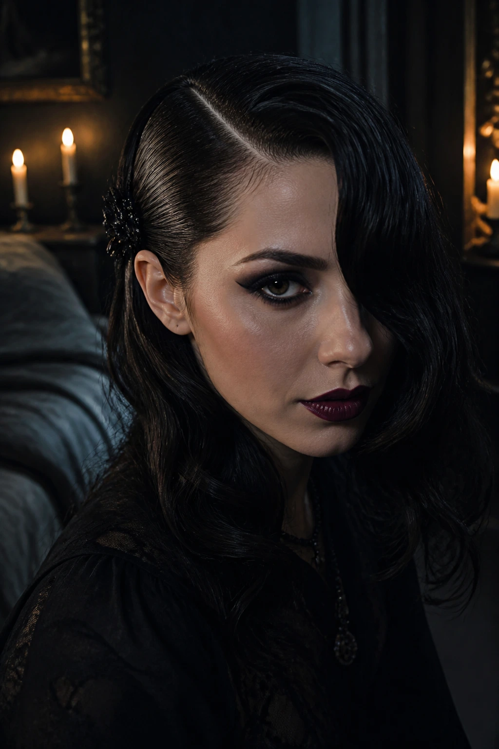 Close-up of a woman with a dramatic side-part and gothic tuck with a dark clip