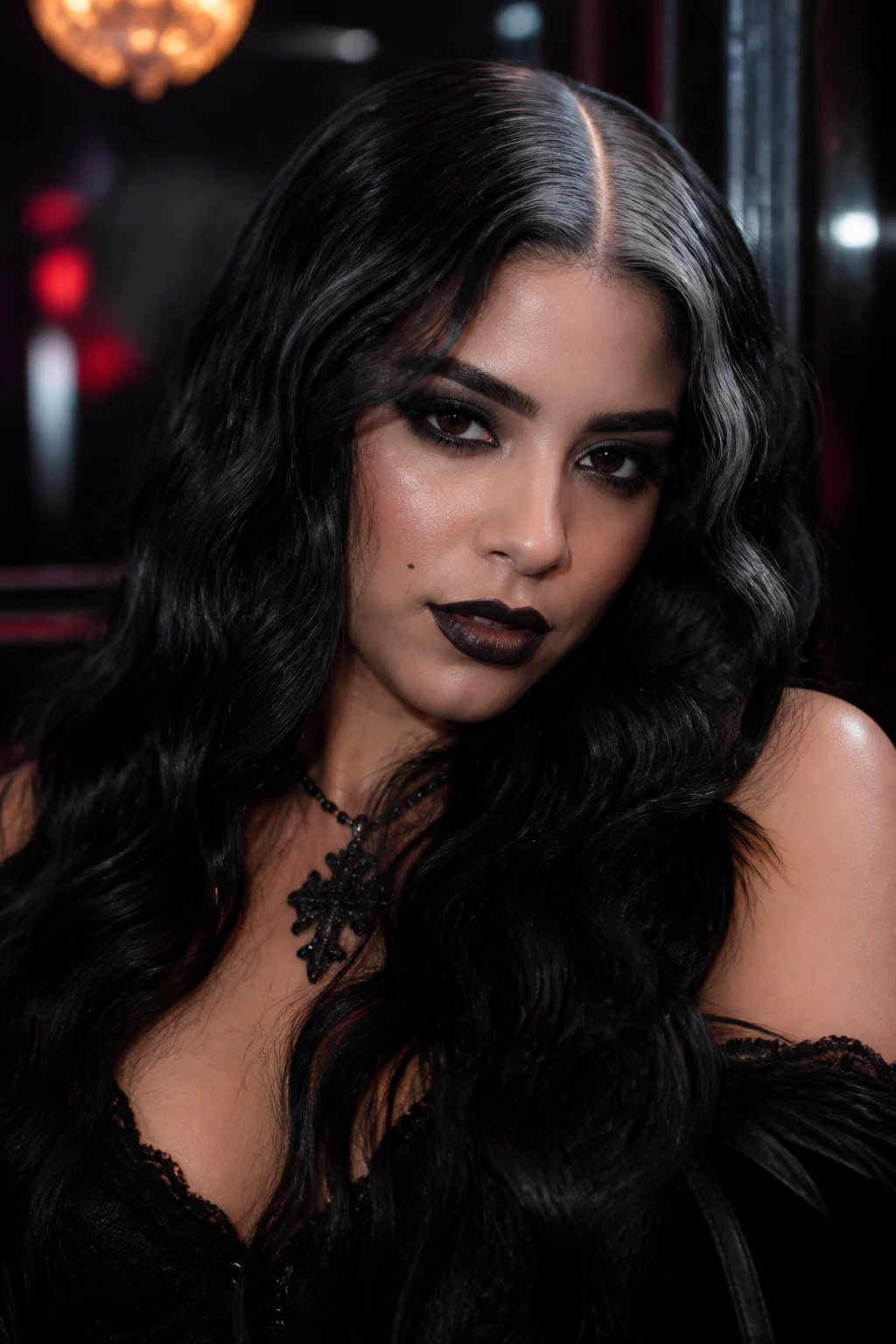 Latina woman with long waves and a silver center part for a Gothic Siren look
