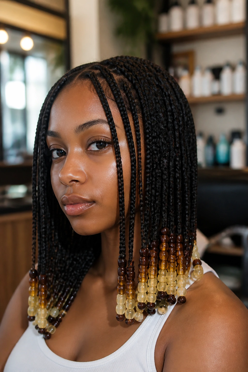 Close-up of gradient ombré beads on box braids adorning a real woman